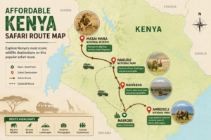 Affordable Kenya Safari Route Map 2026 showing Nairobi, Masai Mara, Lake Nakuru, Lake Naivasha and Amboseli National Park